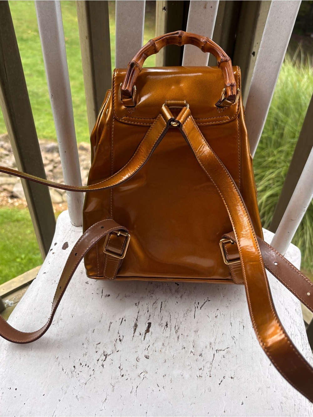 Gucci Patent Leather Metallic Caramel Bamboo Backpack - Picture 2 of 6